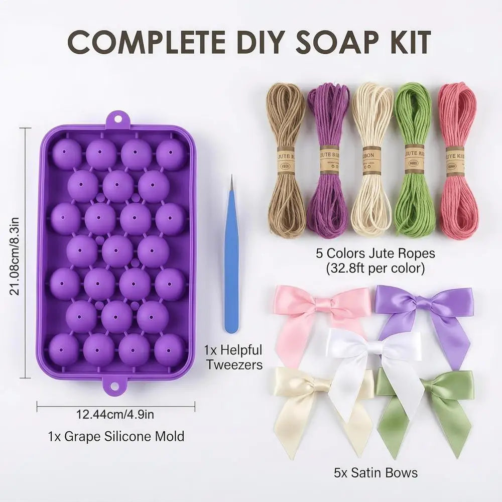 Grape Shaped Soap Making Kit with Silicone Mold, DIY Handmade Soap Craft Set with Colorful Twine & Bows for Party Favors
