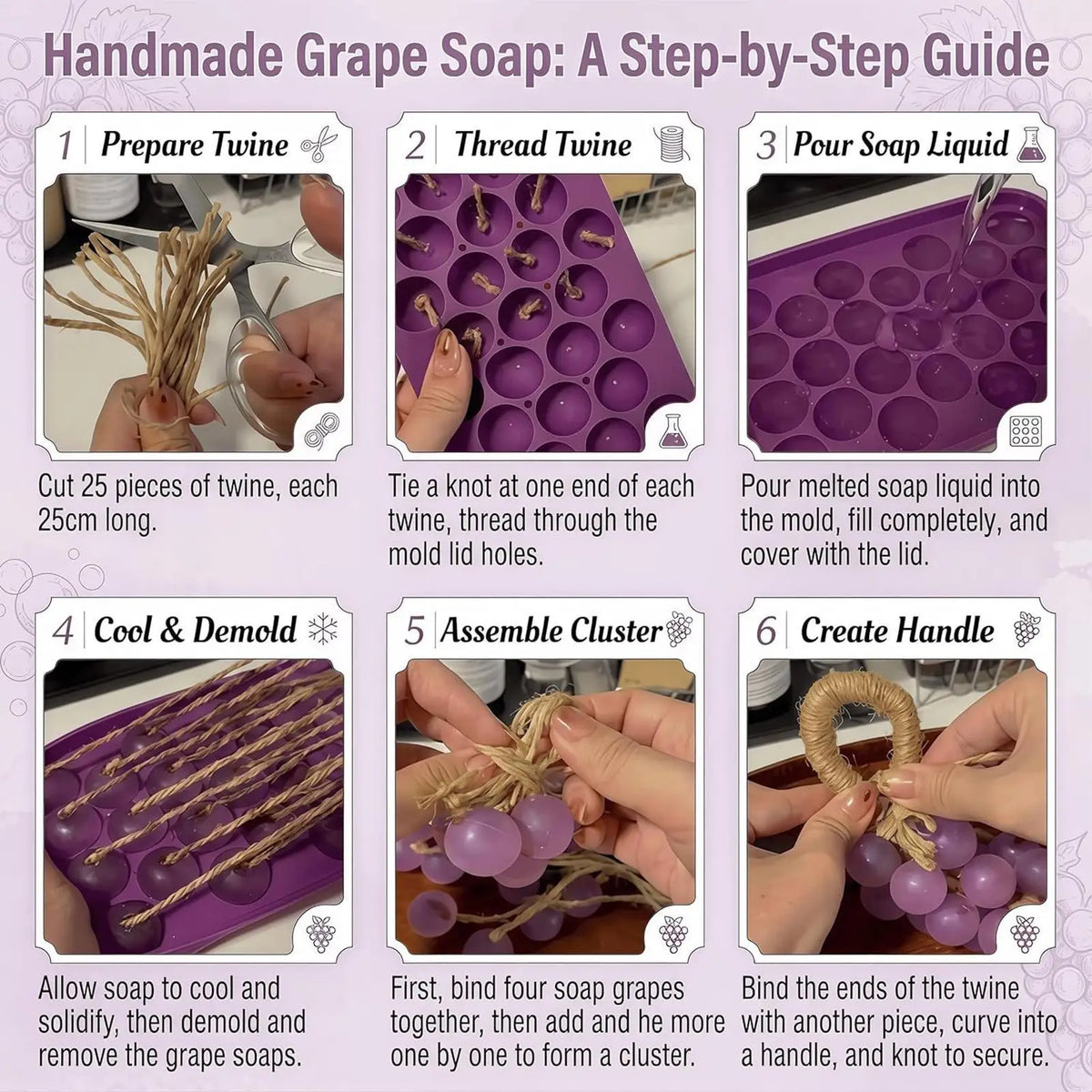 Grape Shaped Soap Making Kit with Silicone Mold, DIY Handmade Soap Craft Set with Colorful Twine & Bows for Party Favors